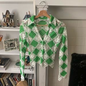 Green & White Open Knit Patchwork Crochet Collared Button Down Cardigan Top 🐢